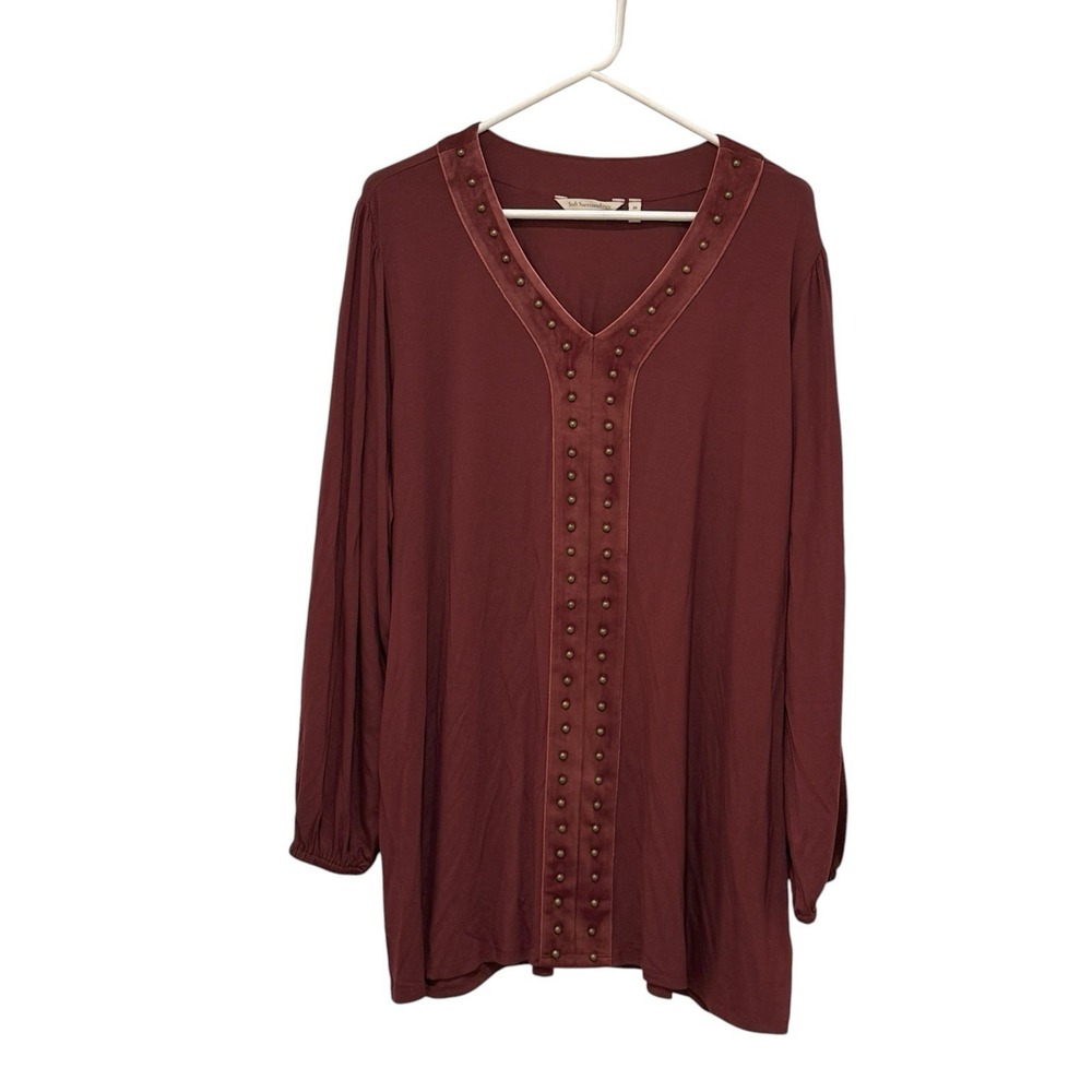 Puff Sleeve Velvet Studded Arabian Spice Red Tunic 2X Boho Southwestern Vibes